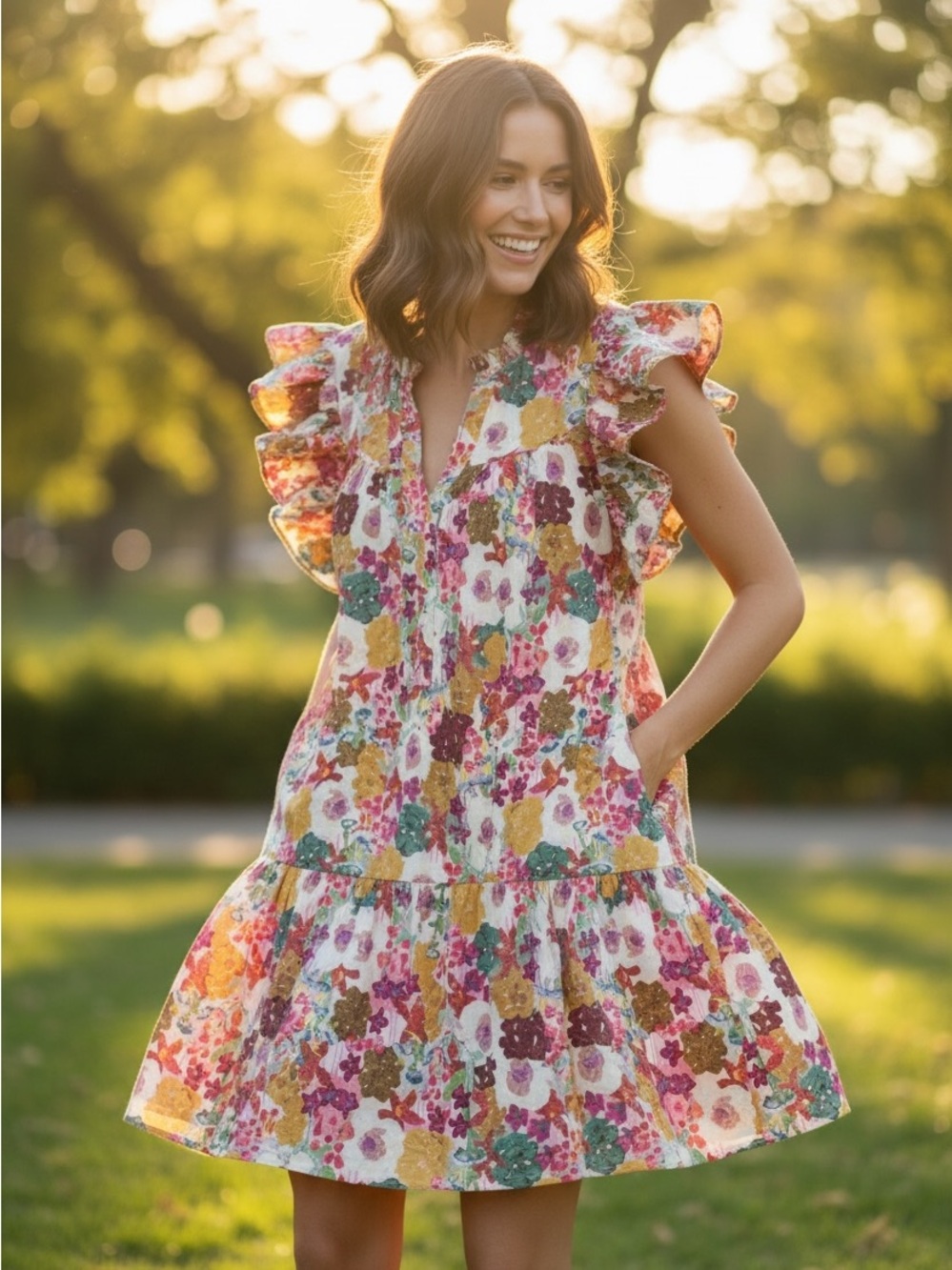 entro Floral Ruffle Mini Dress - White, Pink, Yellow, Teal, Purple